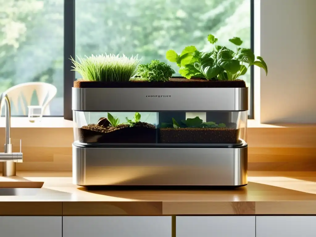 Un sistema de compostaje vertical en una cocina moderna, con materiales apilados y luz natural