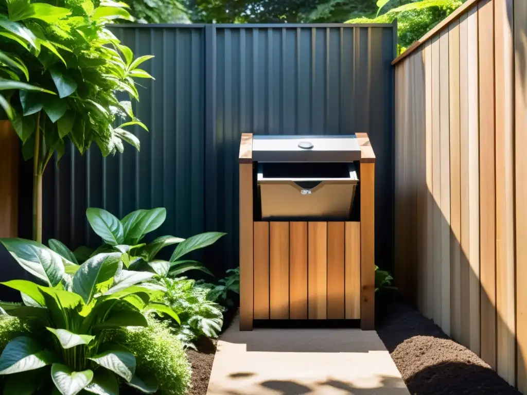 Un sistema de compostaje vertical en un jardín bien cuidado, rodeado de plantas exuberantes