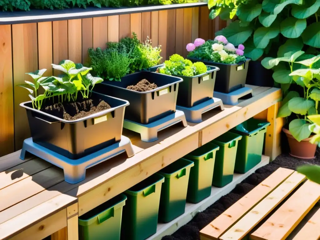 Un sistema de compostaje vertical en jardín, integrado en un espacio exterior funcional y hermoso, con binzas apiladas y plantas