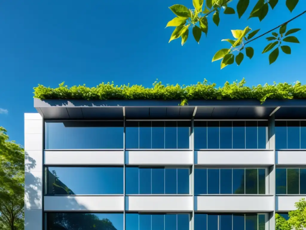 Sistema ecoamigable para edificios comerciales con paneles solares integrados en arquitectura moderna rodeada de vegetación exuberante y cielo azul