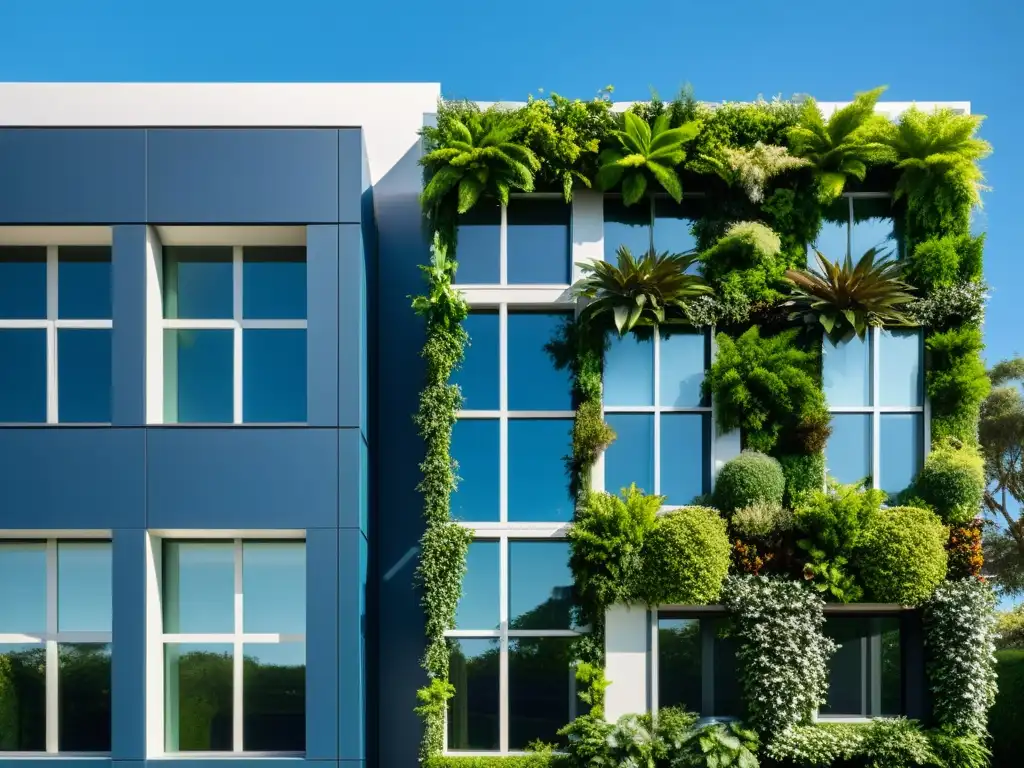 Sistema ecoamigable para edificios comerciales con muro verde y paneles solares integrados, rodeado de vegetación nativa y cielo azul despejado