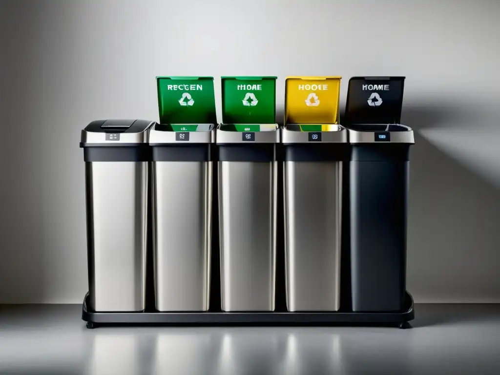 Un sistema de reciclaje doméstico moderno y elegante con contenedores de acero inoxidable para separar y reciclar diferentes materiales