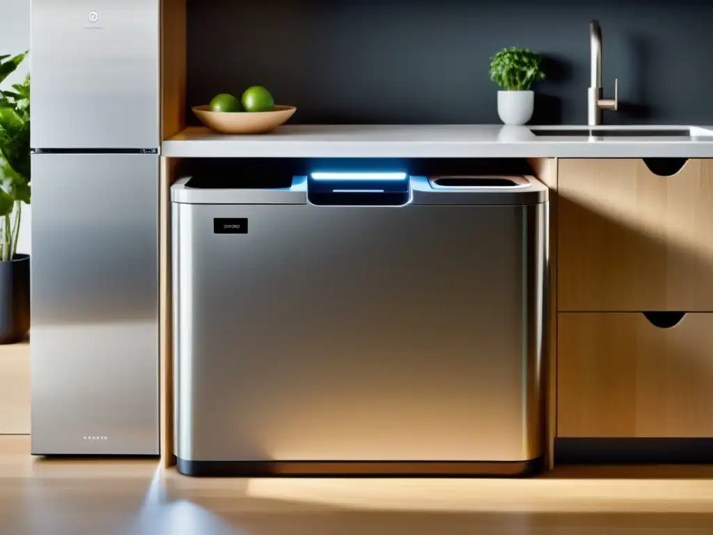 Un sistema de reciclaje inteligente y elegante, integrado en una cocina moderna, con soluciones automáticas reciclaje hogar