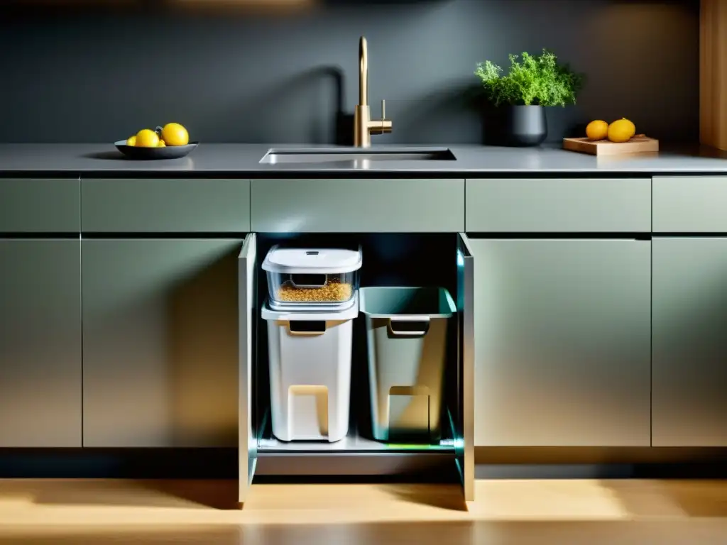 Sistema de reciclaje modular elegante integrado en cocina hogar, con iluminación ambiental y compartimentos para plástico, vidrio y papel