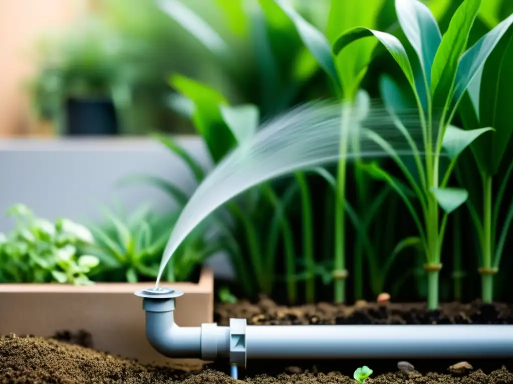 Sistema de riego reciclado en huerto urbano, con líneas limpias y colores suaves, nutriendo las plantas con agua