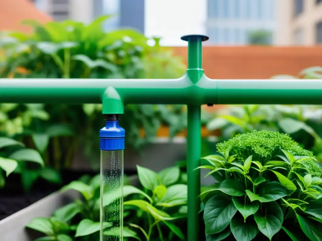 Sistema de riego reciclado en huerto urbano: una red ingeniosa de tuberías y botellas plásticas en un jardín urbano exuberante