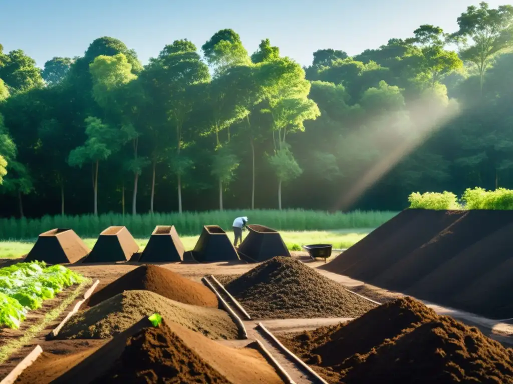 Un sitio de compostaje sereno y minimalista, con montones de compost ordenados y exuberante vegetación