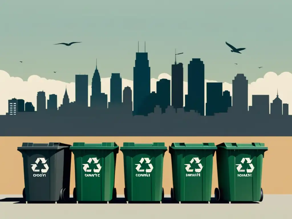 Un skyline urbano minimalista con contenedores separados para reciclaje, compost y basura, destacando el impacto de las políticas de reciclaje en la rutina diaria