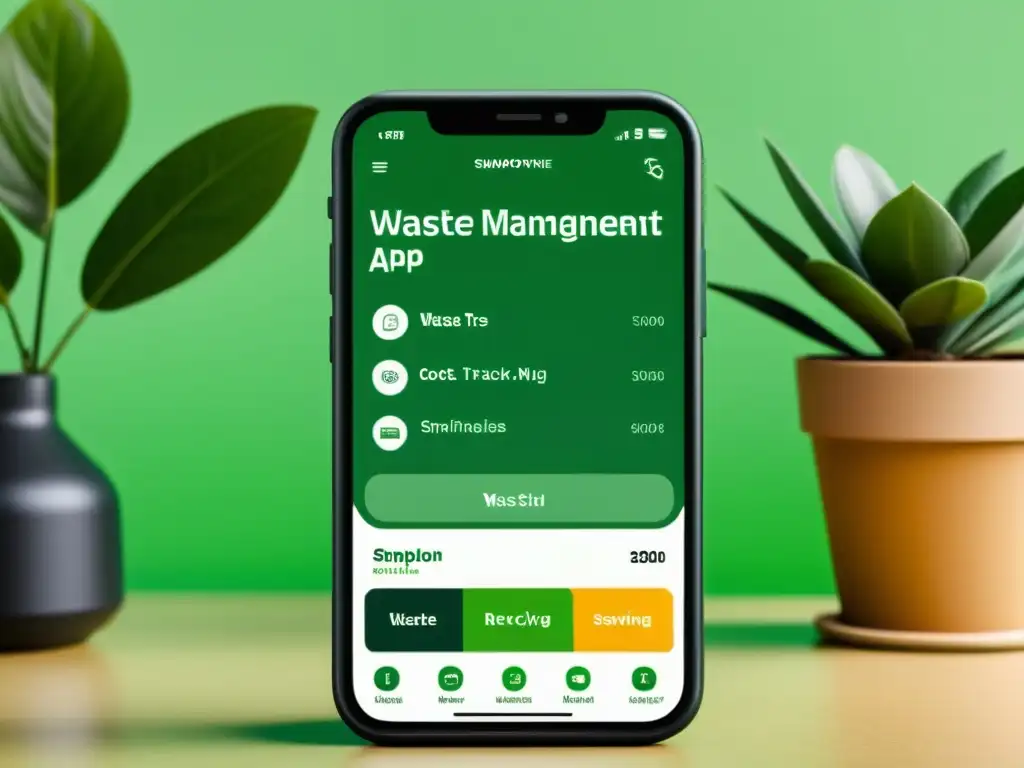 Un smartphone muestra una app de gestión de residuos y ahorro de dinero en un entorno minimalista y limpio
