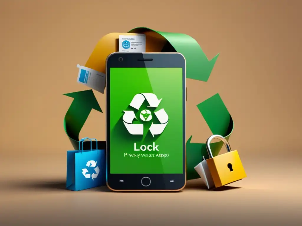 Smartphone moderno rodeado de símbolos de reciclaje, con un icono de candado en la pantalla, representando privacidad en Apps de Gestión de Residuos