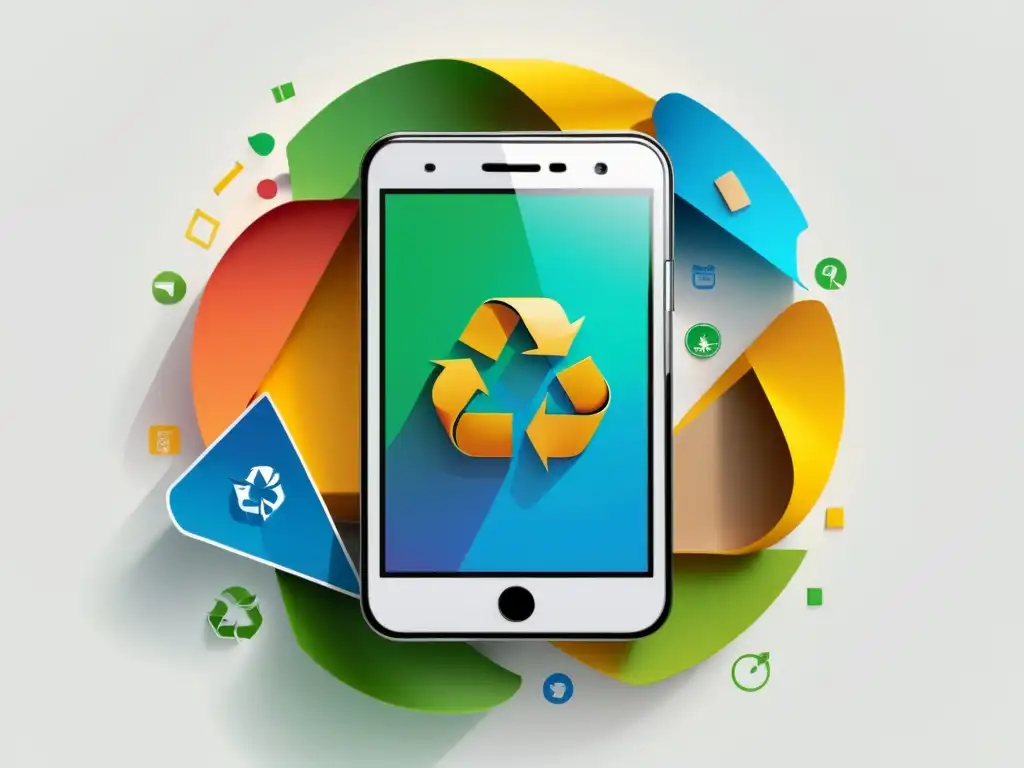 Un smartphone con el símbolo de reciclaje en la pantalla rodeado de materiales reciclables