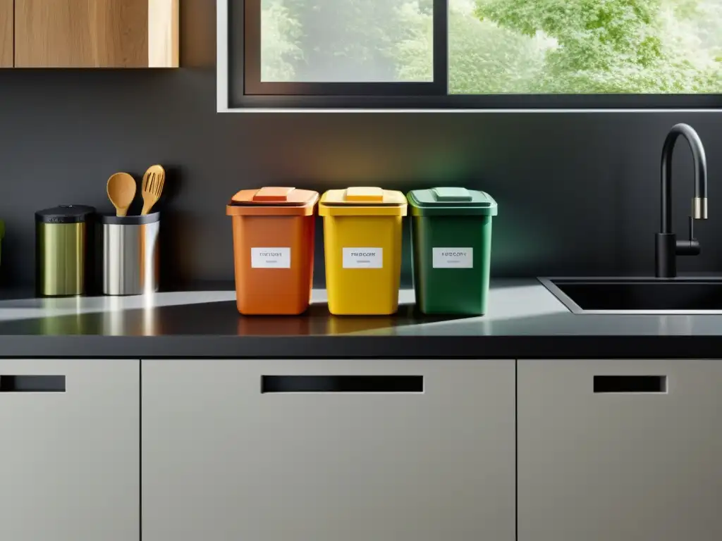 Software gestión residuos hogar: Cocina moderna con contenedores etiquetados para compost, reciclaje y residuos, organizados y coloridos