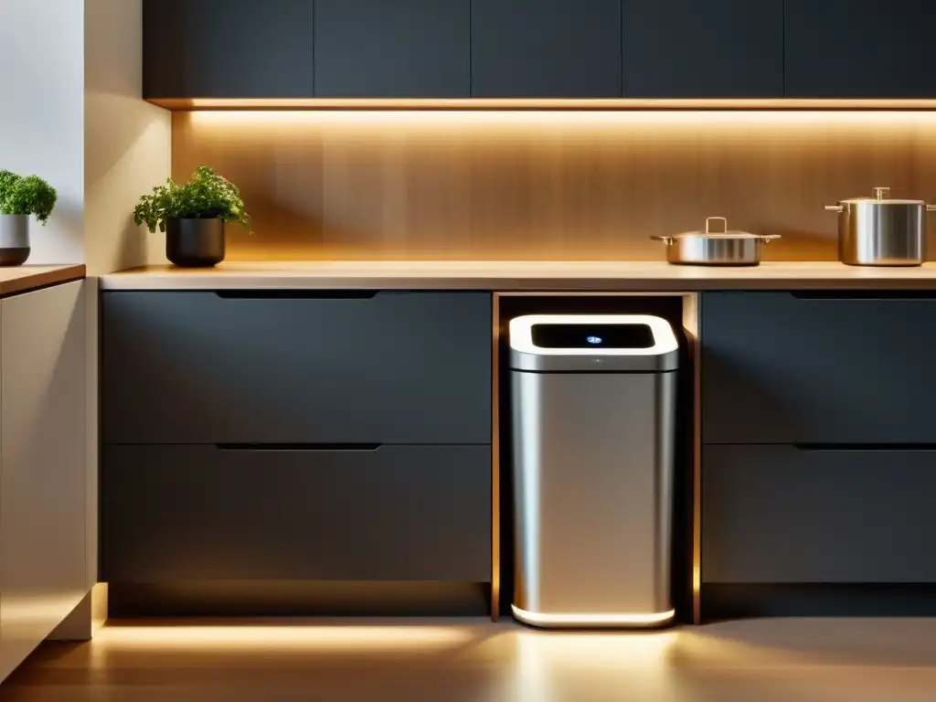 Soluciones automáticas reciclaje hogar: Un contenedor de reciclaje integrado en una cocina moderna, iluminado con LED y organizado