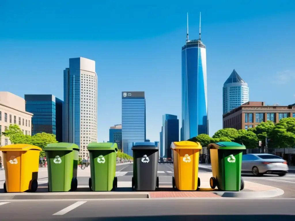 Soluciones innovadoras de reciclaje en la bulliciosa ciudad, integrando diseño urbano moderno con sostenibilidad