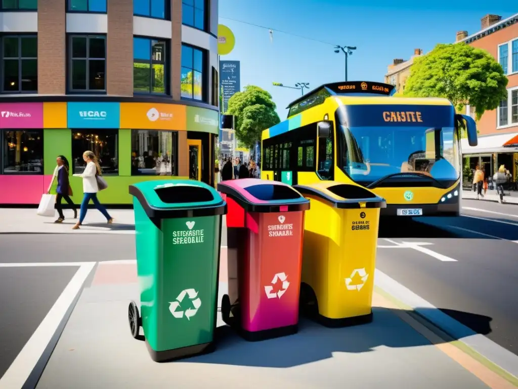 Soluciones innovadoras reciclaje ciudad: Escena urbana con modernos contenedores de reciclaje, tiendas ecofriendly y transporte sostenible