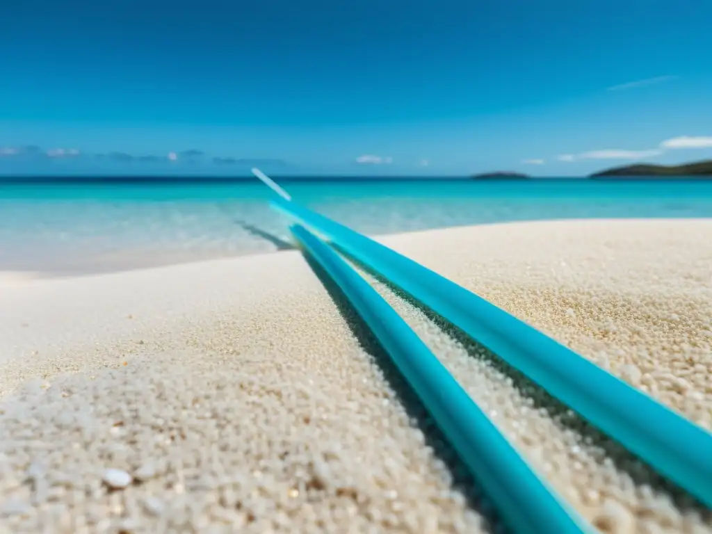 Impacto ambiental: pajilla de plástico en playa paradisíaca Un sorbete de plástico translúcido y solitario yace en una playa blanca impecable, bajo un cielo azul sin nubes y aguas turquesa