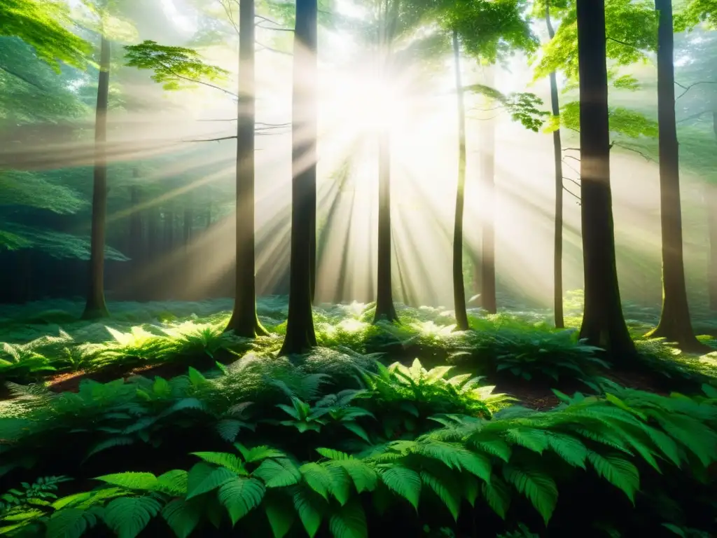 Sostenibilidad en empresas verdes: Bosque verde exuberante, luz solar entre el dosel, sombras y armonía natural