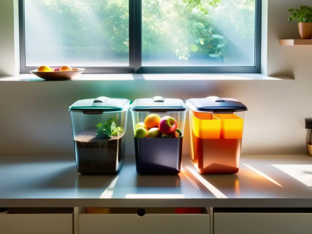 Fomentando la sostenibilidad a través de una cocina moderna y ecológica con contenedores para compostaje y reciclaje, bañada por luz natural