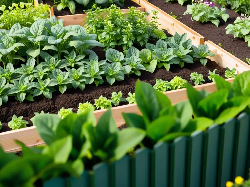 Un jardín sostenible con camas elevadas llenas de plantas verdes vibrantes, abejas y mariposas entre las flores