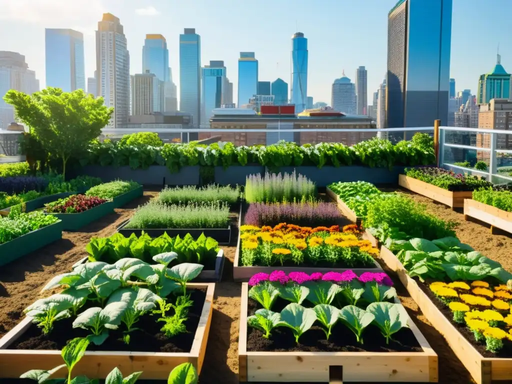 Alimentación sostenible en la ciudad: Jardín urbano con vegetales y hierbas en armonía con la naturaleza y la modernidad de la urbe