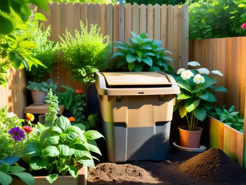 Jardín sostenible con compostaje activo y equipos de compostaje para jardín