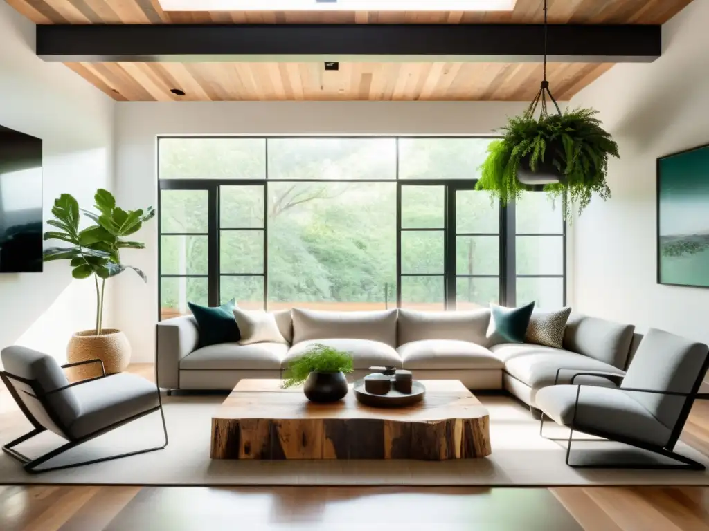 Decoración sostenible en el hogar: sala minimalista con mesa de madera reciclada y sillas de metal, bañada en luz natural y toques de vegetación