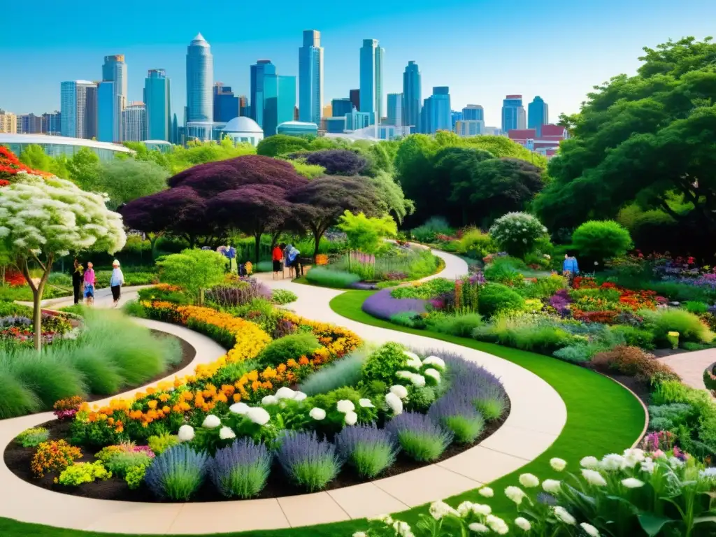 Un jardín sostenible con personas de todas las edades disfrutando de la naturaleza y la comunidad