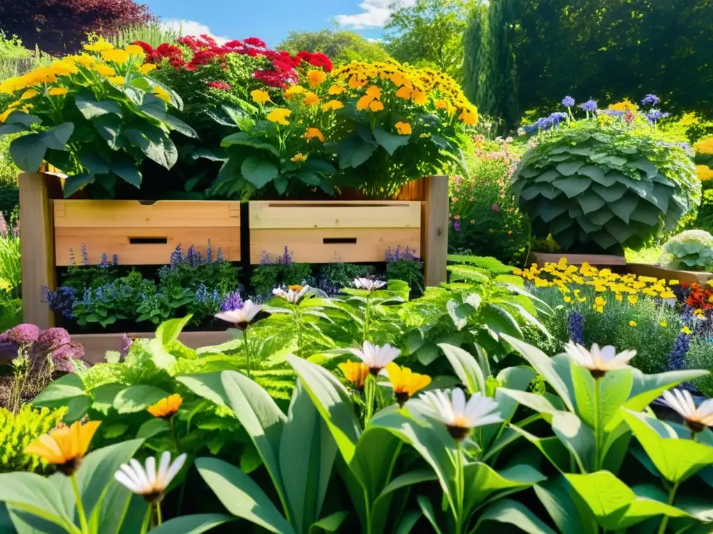 Un jardín sostenible rebosante de vida, con flores coloridas y follaje exuberante