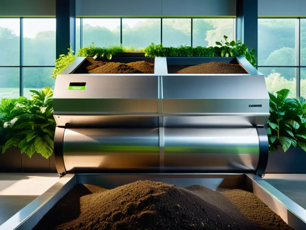 Startups tecnología compostaje innovación: Máquina de compostaje de vanguardia en instalación industrial moderna, rodeada de exuberante vegetación