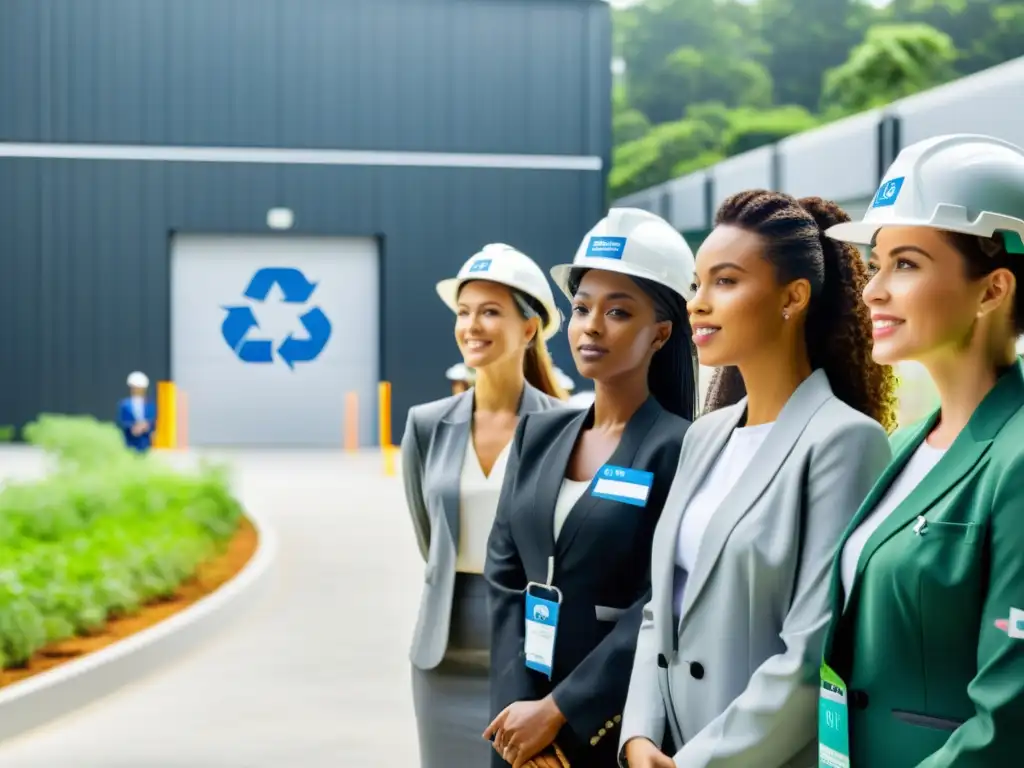 Startups lideradas por mujeres en tecnología de reciclaje, innovación y colaboración en instalación futurista rodeada de naturaleza exuberante