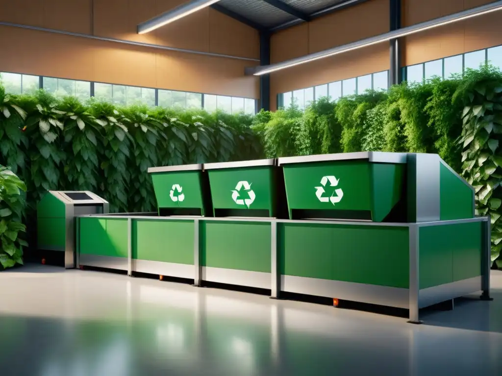 Startups de reciclaje sostenible: Instalación de reciclaje moderna rodeada de vegetación, transmitiendo innovación y sostenibilidad