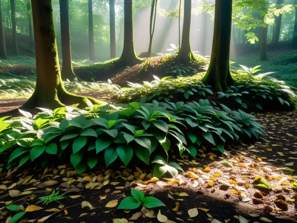 Un suelo de bosque exuberante cubierto de hojas caídas, ramitas y materia orgánica en descomposición