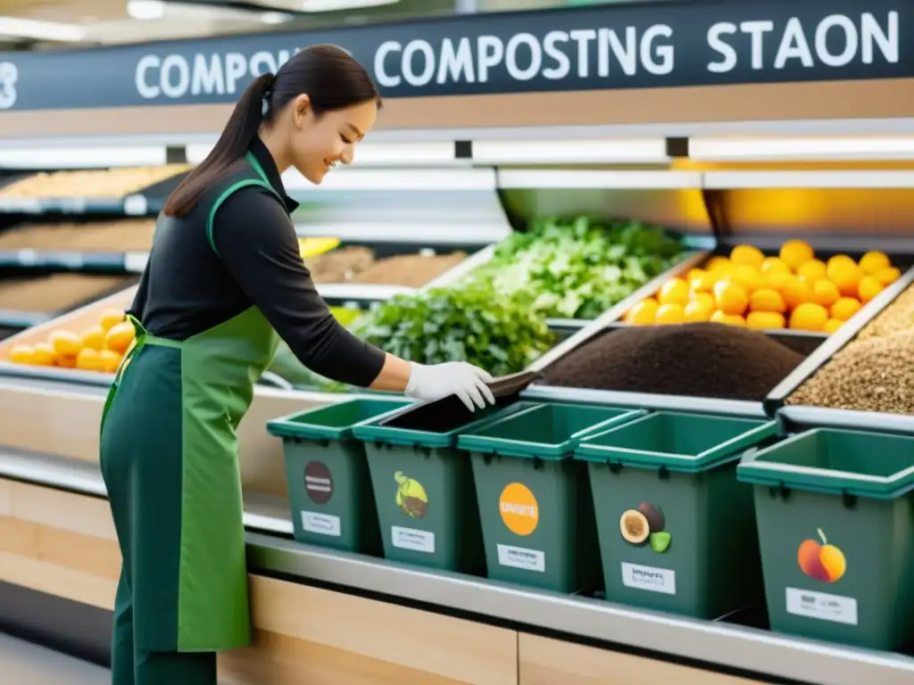 Un supermercado con estación de compostaje organizada, empleando técnicas efectivas de compostaje en supermercados