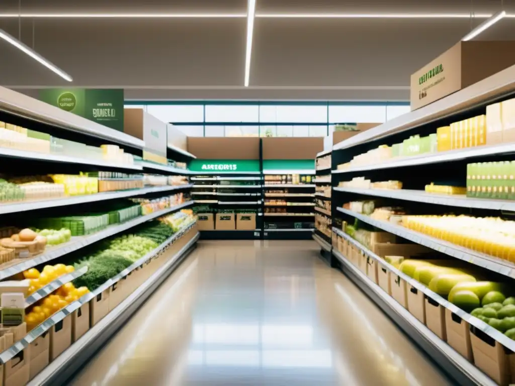 Supermercado sostenible: productos ecofriendly en un ambiente calmado Un supermercado con estantes ordenados y productos en empaques ecológicos