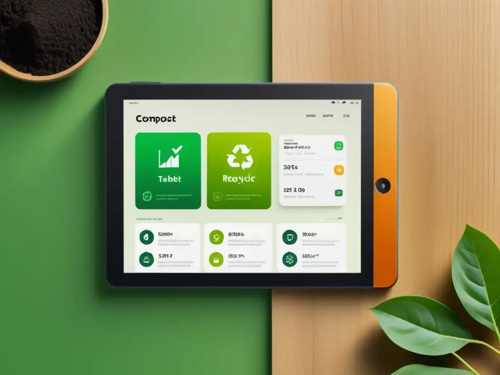 Una tablet digital con una interfaz de compostaje y reciclaje, con diseño moderno y colores ambientalmente amigables, en un entorno minimalista