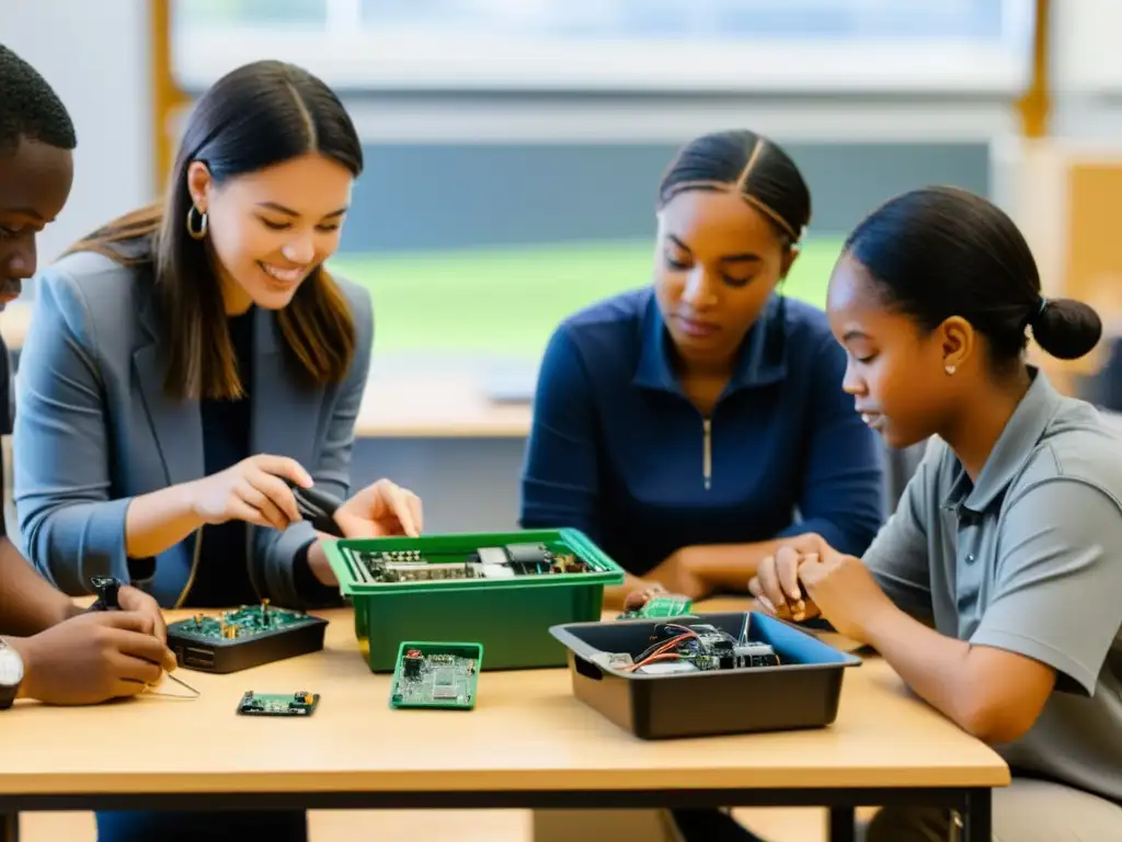 Un taller de reciclaje de aparatos electrónicos sostenible: estudiantes y profesores se reúnen en un espacio luminoso para desarmar dispositivos