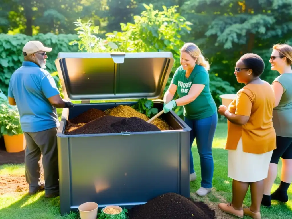 Talleres comunitarios para fomentar compostaje: Comunidad diversa trabajando juntos en el compostaje, rodeados de naturaleza y plantas saludables