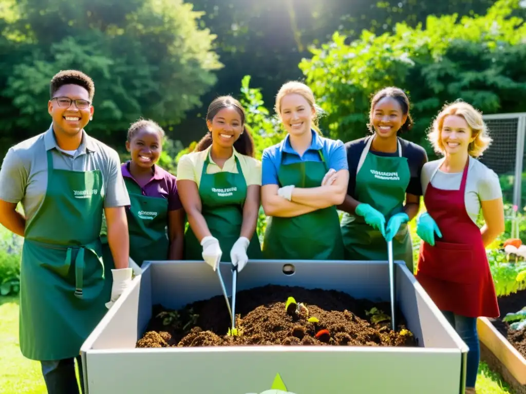 Talleres prácticos de compostaje para estudiantes: Alumnos y maestros voltean el compost en un jardín escolar soleado, rodeados de plantas coloridas