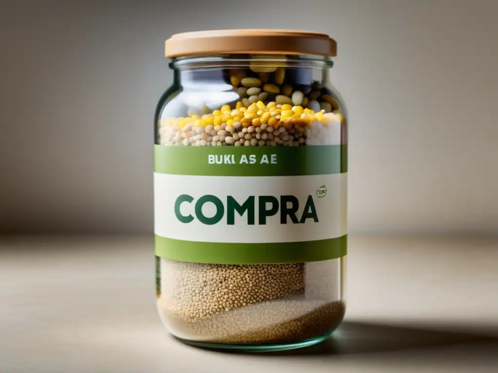 Tarro de cristal con granos y legumbres coloridos, destacando la práctica de compras a granel y reducción de residuos de forma elegante y sostenible