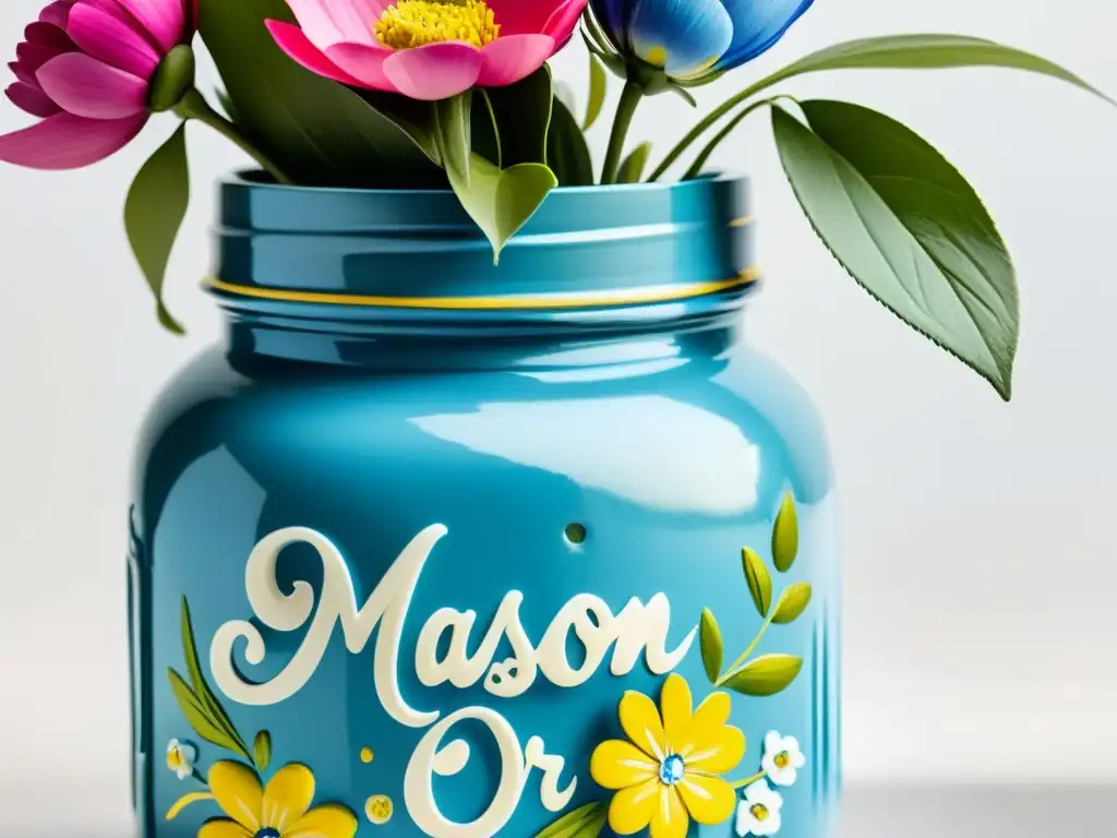 Transformar tarros y latas en arte: Detalle de un tarro pintado con flores en azul, rosa y amarillo, sobre fondo blanco