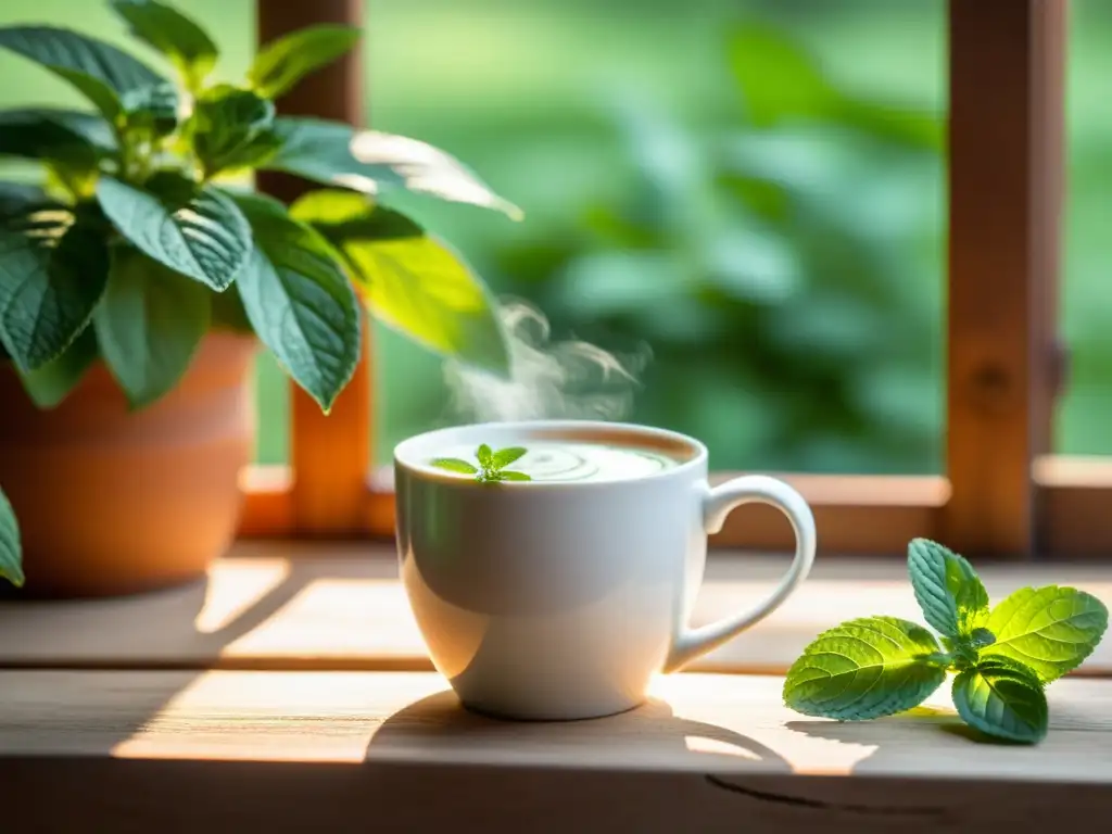 Una taza de cerámica blanca con un patrón de hojas verdes y una mariquita, bañada por la luz suave que entra por la ventana