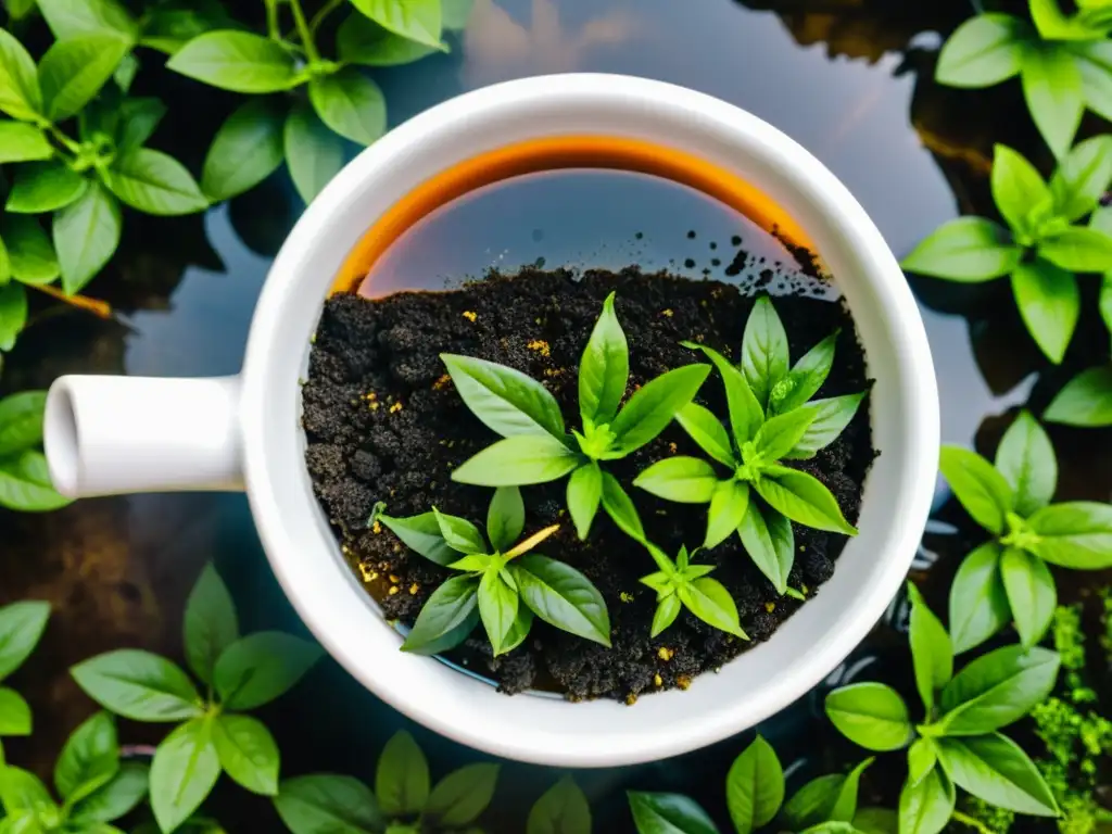 Un teapot de vidrio con té de compost en un entorno de plantas exuberantes, resaltando las propiedades del té de compost para mejorar suelo