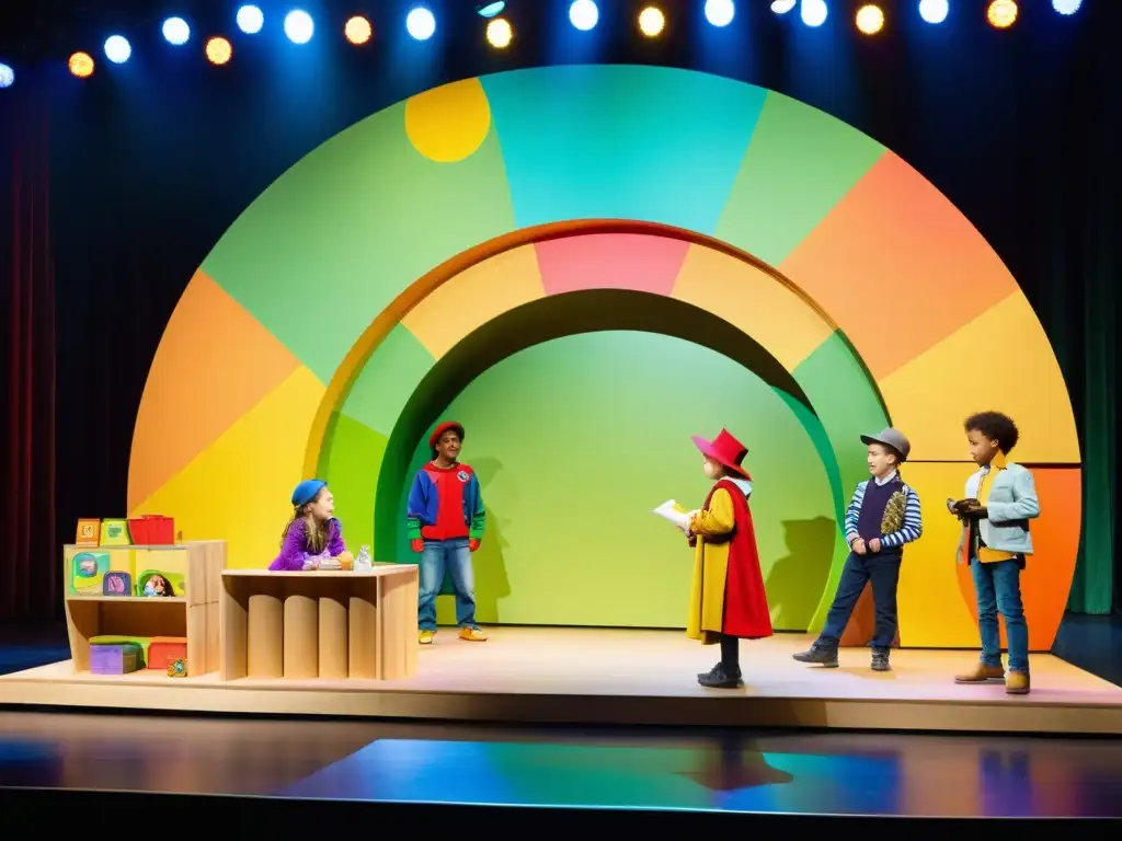 Un teatro infantil sostenible con colores vibrantes y actores entusiastas promoviendo la conciencia ambiental