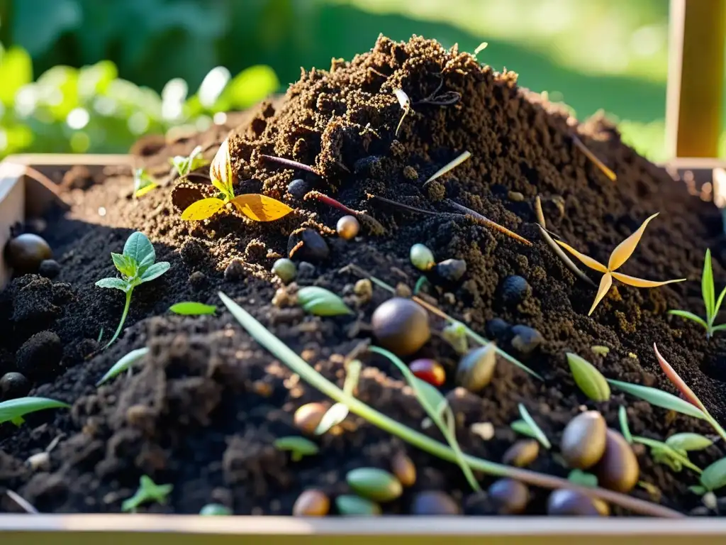 Técnica de compostaje en el hogar: detallada imagen de un montón de compost orgánico rodeado de naturaleza y vida en un jardín