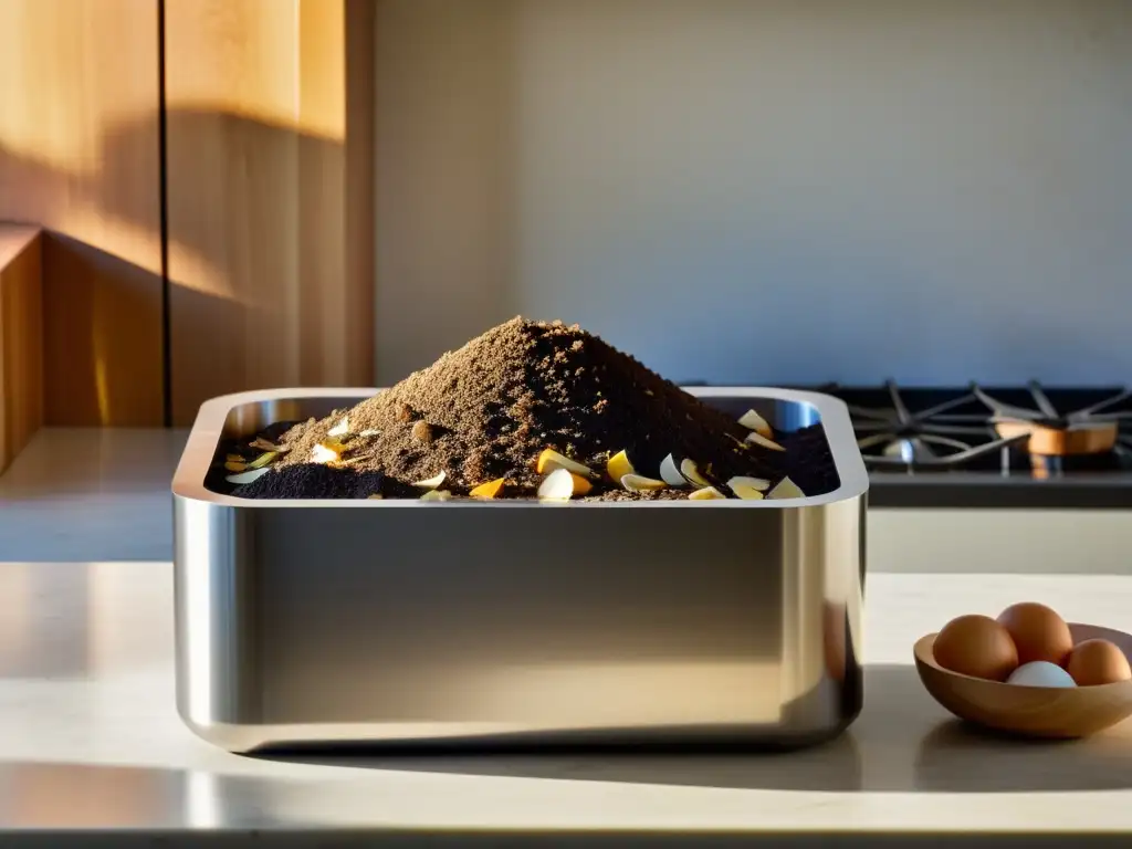 Técnicas de compostaje en casa: Un elegante contenedor de compostaje con residuos orgánicos brillantes en una cocina iluminada por el sol