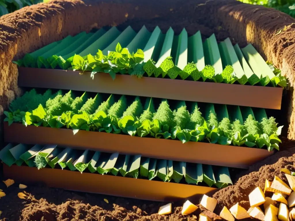 Técnicas compostaje sin malos olores: Pila de compostaje con capas precisas y materiales orgánicos vibrantes, bañados por la cálida luz del sol