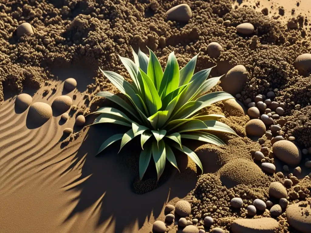 Textura de suelo arenoso: raíces y partículas de arena Técnicas de compostaje para suelos arenosos: imagen detallada de textura arenosa con raíces entrelazadas y materia orgánica, iluminada por el sol