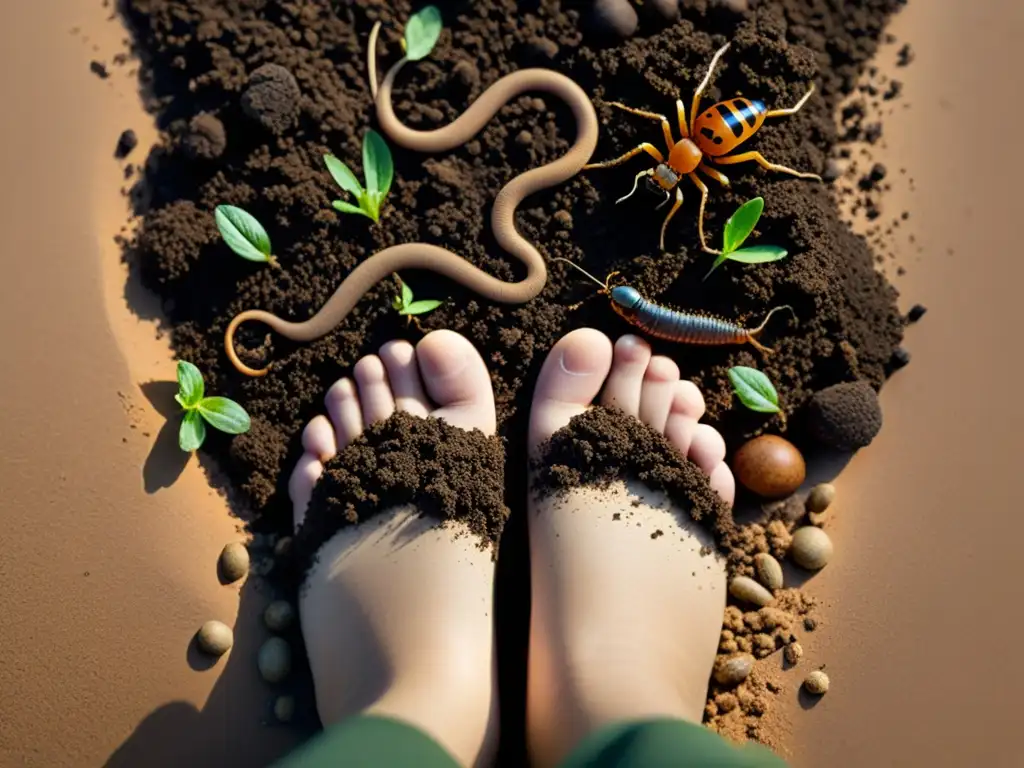 Vida microscópica en el suelo arenoso: belleza y complejidad del compostaje Técnicas de compostaje para suelos arenosos: Ecosistema de vida en la tierra, con gusanos y microorganismos, mostrando su belleza y complejidad