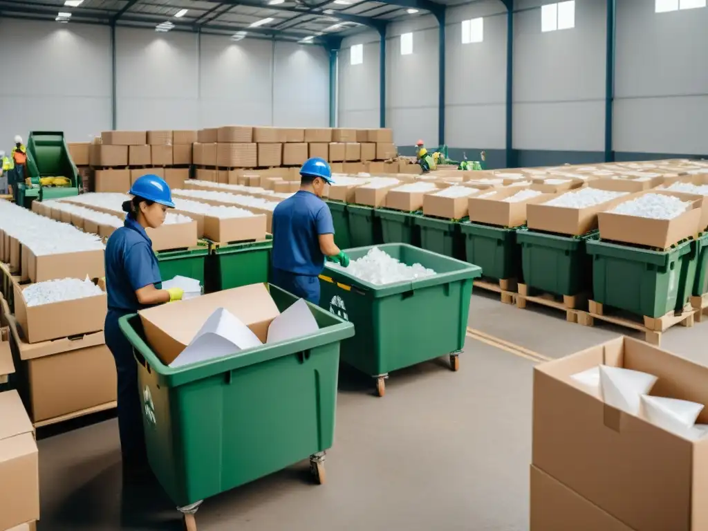 Técnicas eficientes de reciclaje de papel y cartón: trabajadores clasificando materiales en planta de reciclaje