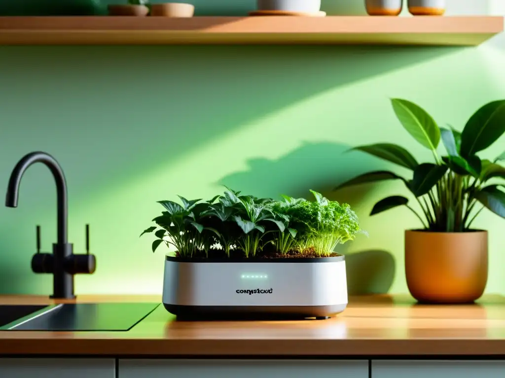 Tecnología innovadora para compostaje en casa: CompostCloud brilla en la encimera, rodeado de plantas verdes vibrantes